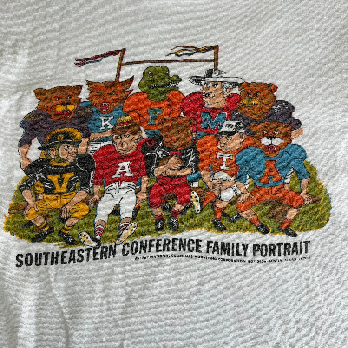 1969 Champion Blue Bar SEC Cartoon Mascots White T-Shirt - Small