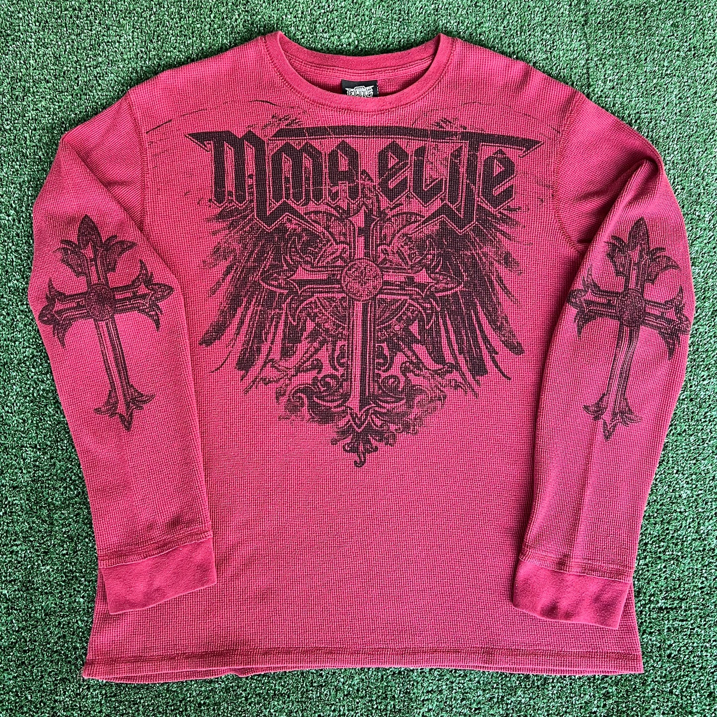 Y2K MMA Elite Cross Tribal Dark Red Thermal Long Sleeve T-Shirt - XL