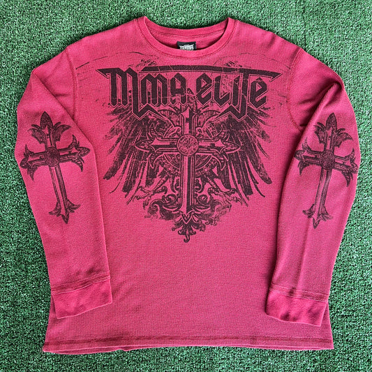 Y2K MMA Elite Cross Tribal Dark Red Thermal Long Sleeve T-Shirt - XL