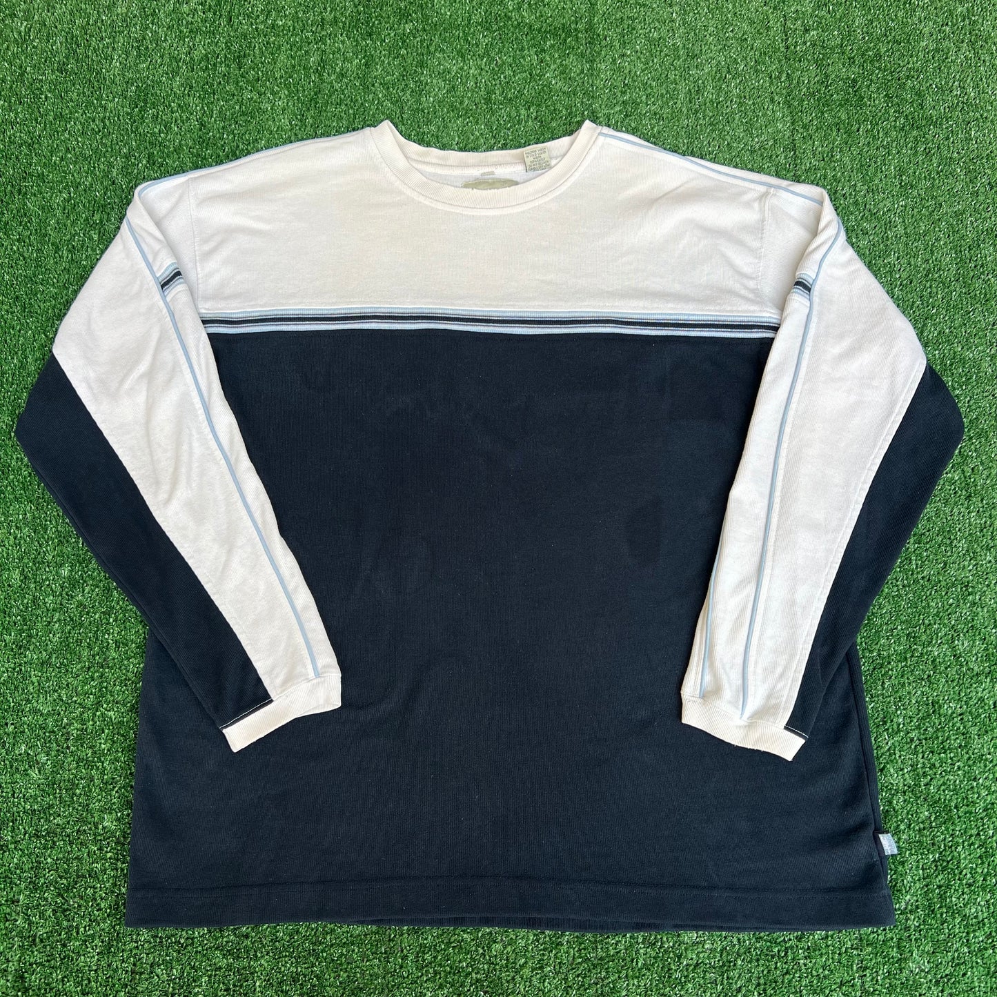 Vintage Y2K Men's Point Zero Navy Blue Striped White Ribbed Long Sleeve T-Shirt - XL