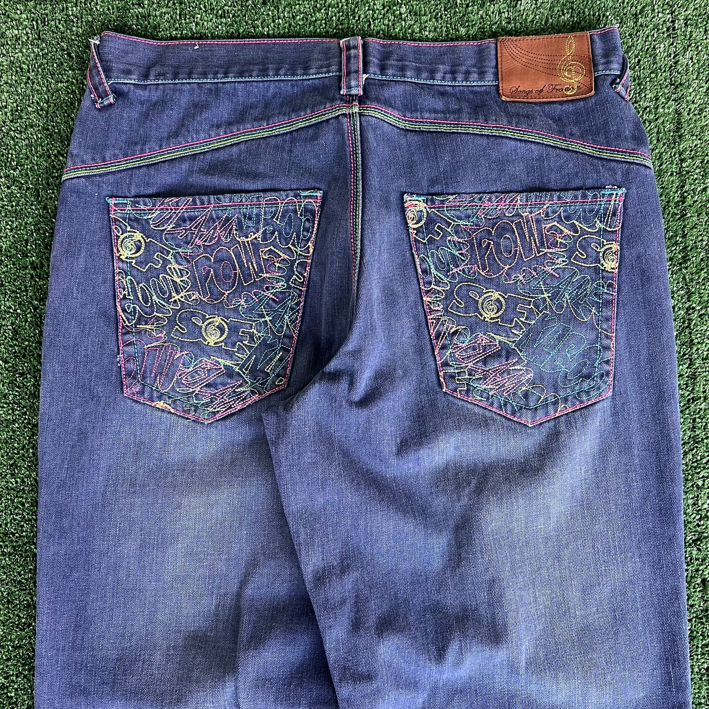 Y2K Songs Of Freedom Dark Blue Baggy Embroidered Jeans - 37x32" 20" Opening