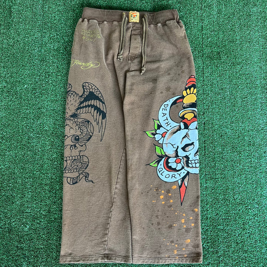 Y2K Ed Hardy Skull Faded Brown Baggy Wide-Leg Sweatpants - Large 31x28.5" 21.5" Openings