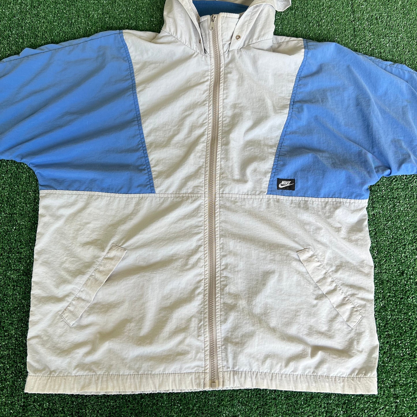 80s Nike Gray Blue Boxy Hooded Windbreaker Jacket - Large