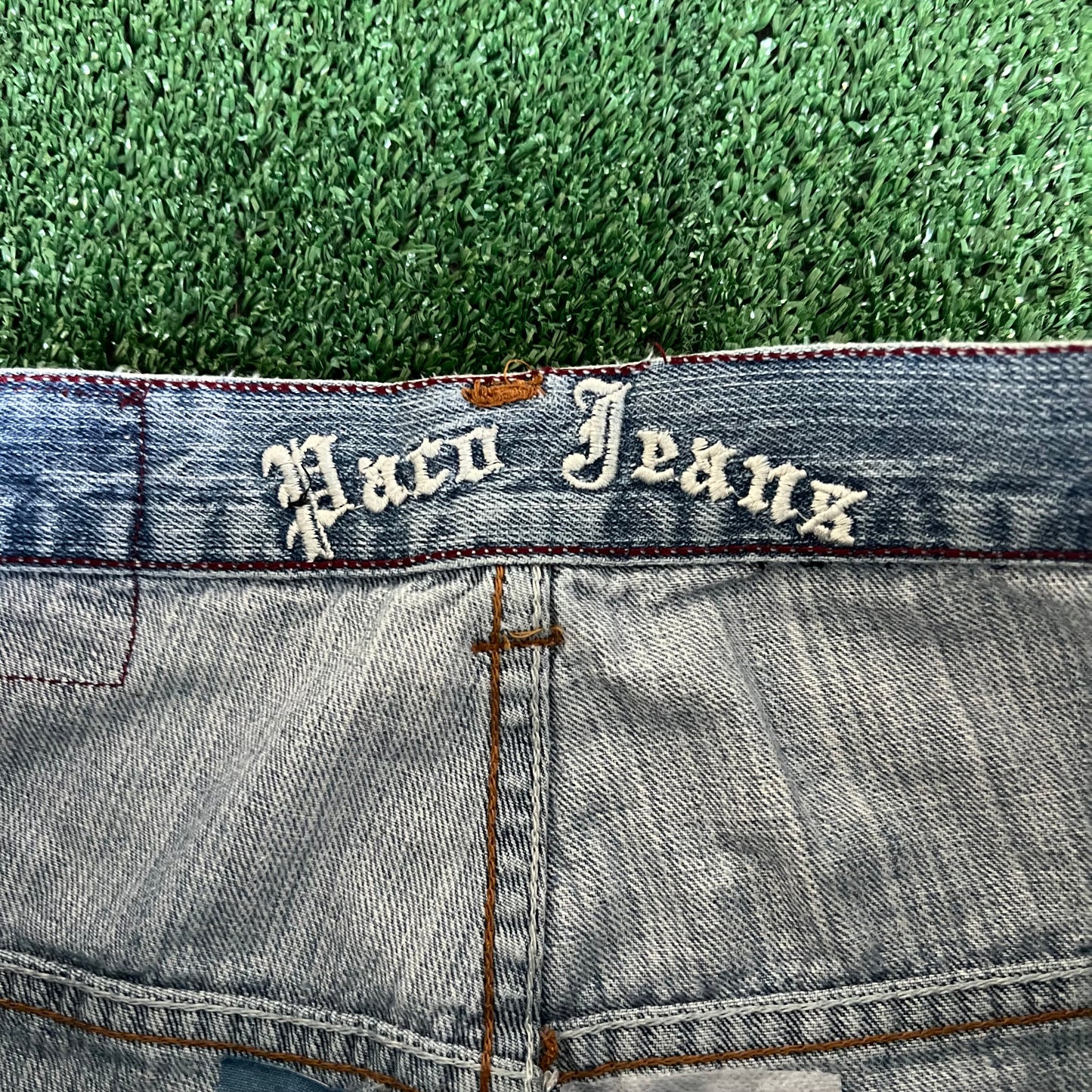 Y2K PACO Jeans Blue Tribal Embroidered Baggy Jeans 30x29.5" 19" Openings