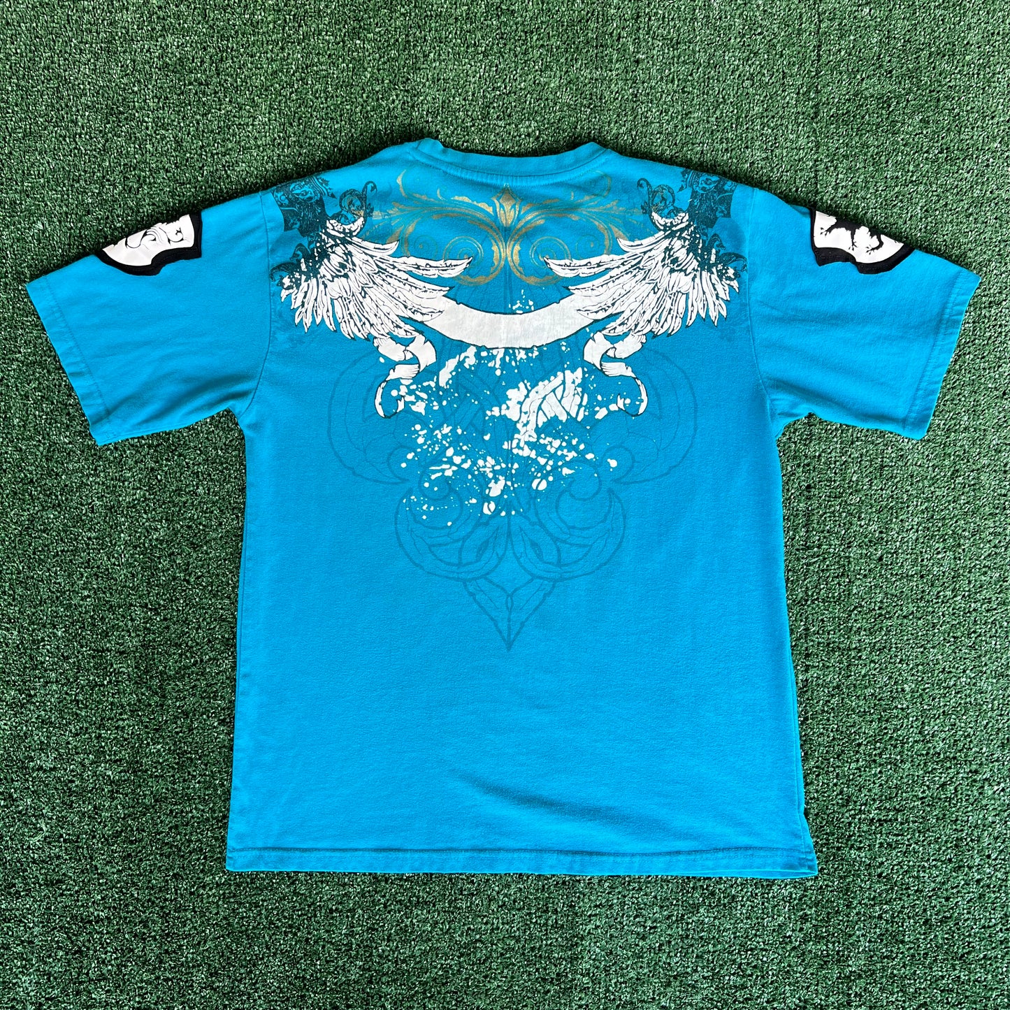 Y2K Attitude Gold Tribal Wings Teal Blue T-Shirt - Medium