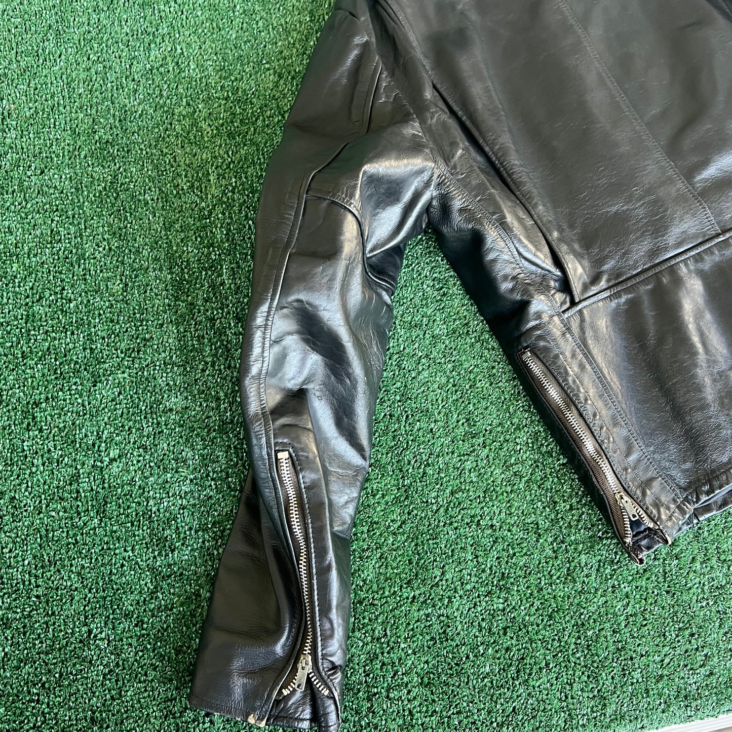 70s Mens 100% Genuine Thick Leather Black Motorcycle Jacket Medium 22x26