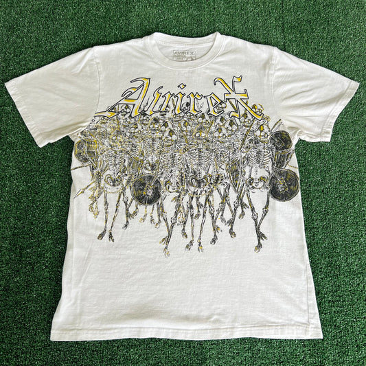 Y2K Avirex Grave House Semetary & Ghost Mountain White Gold Skeleton Army T-Shirt - Large