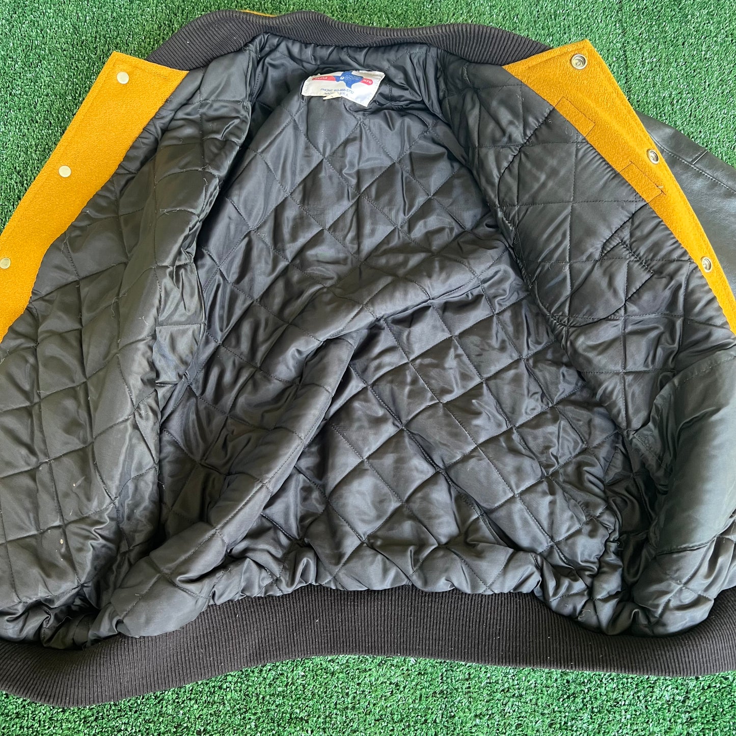 90s Tejas Wool Leather Varsity Jacket Band Patch Mustard Yellow Black - Large
