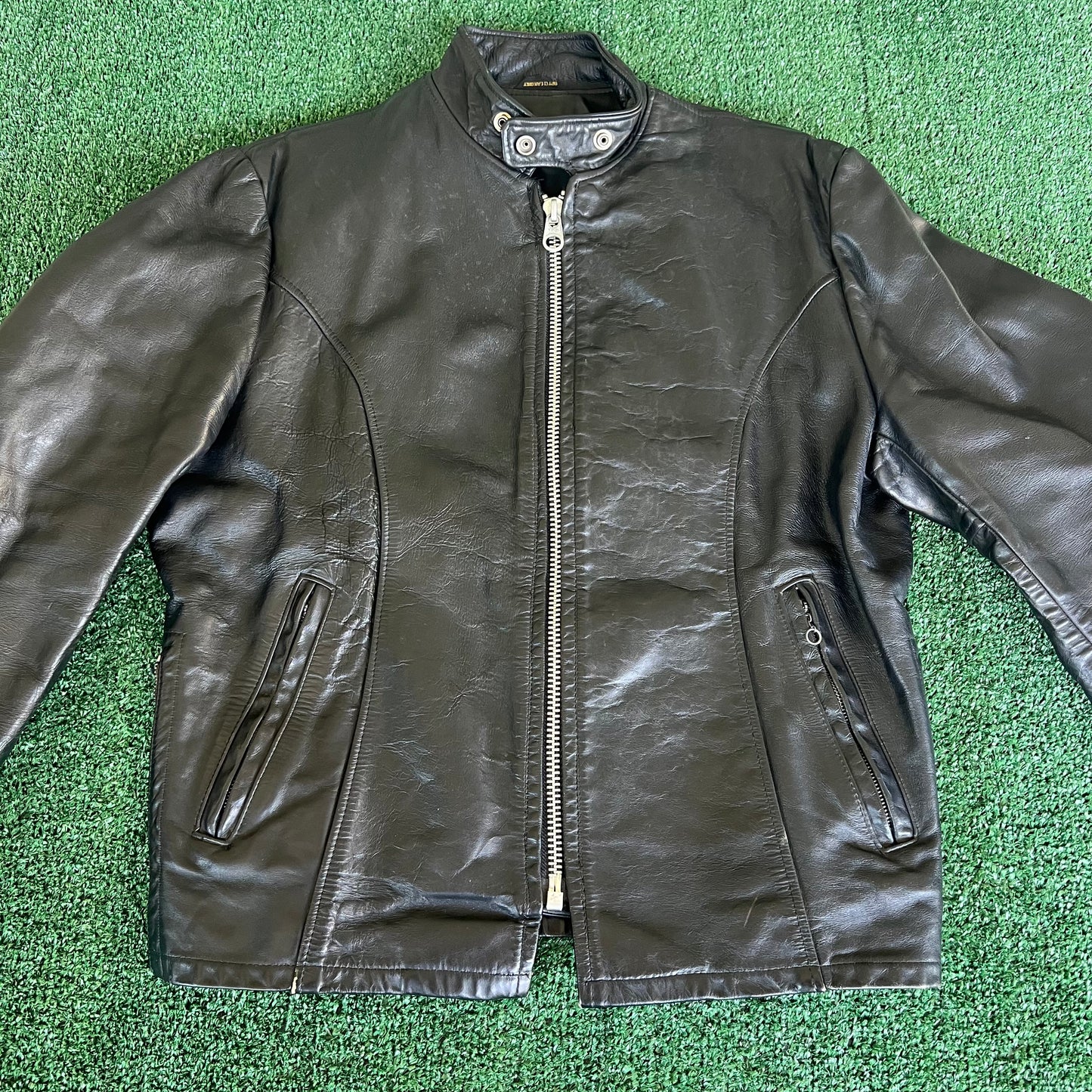 70s Mens 100% Genuine Thick Leather Black Motorcycle Jacket Medium 22x26