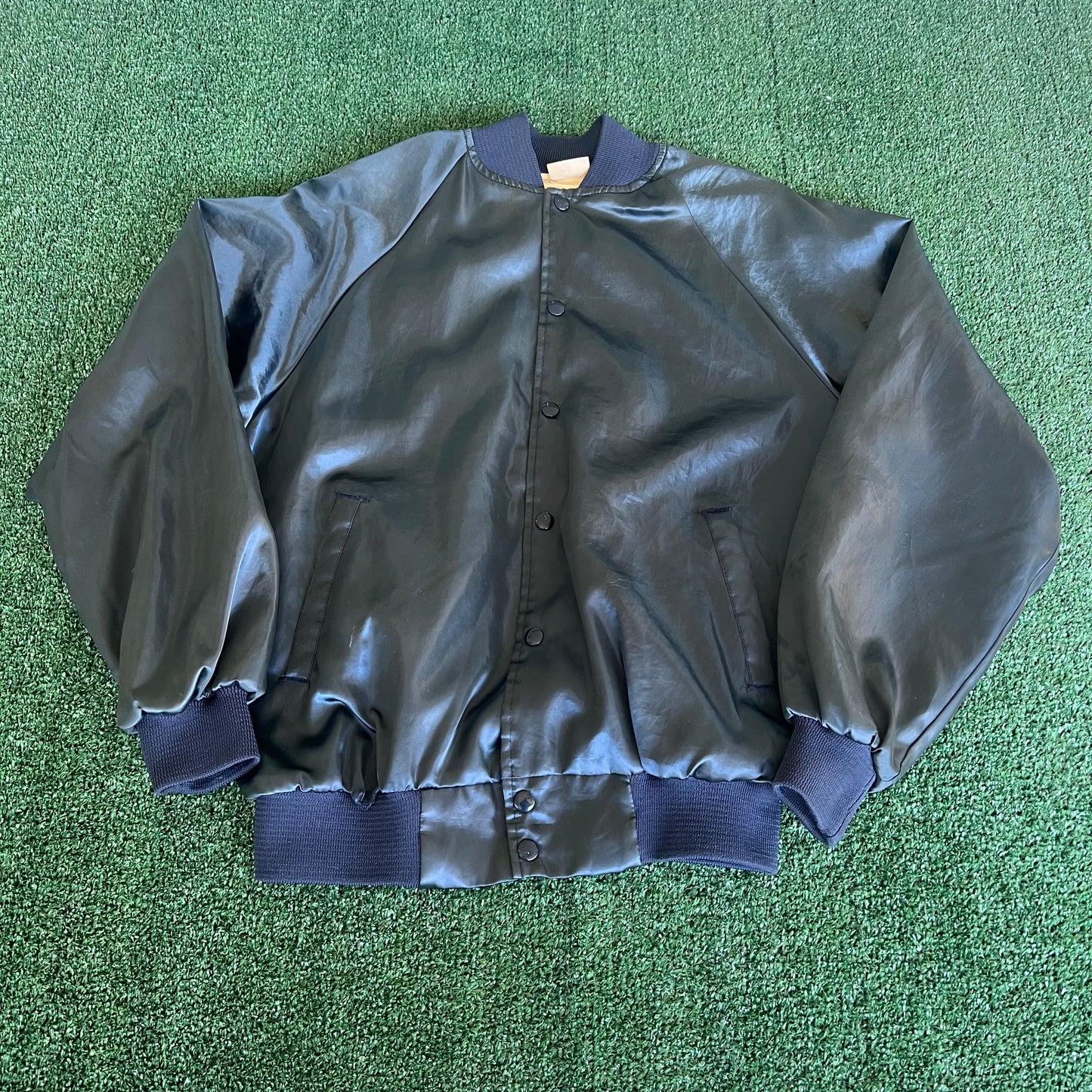 80s 90s UPS Madison Square NYC Midnight Blue Satin Bomber Jacket - Large
