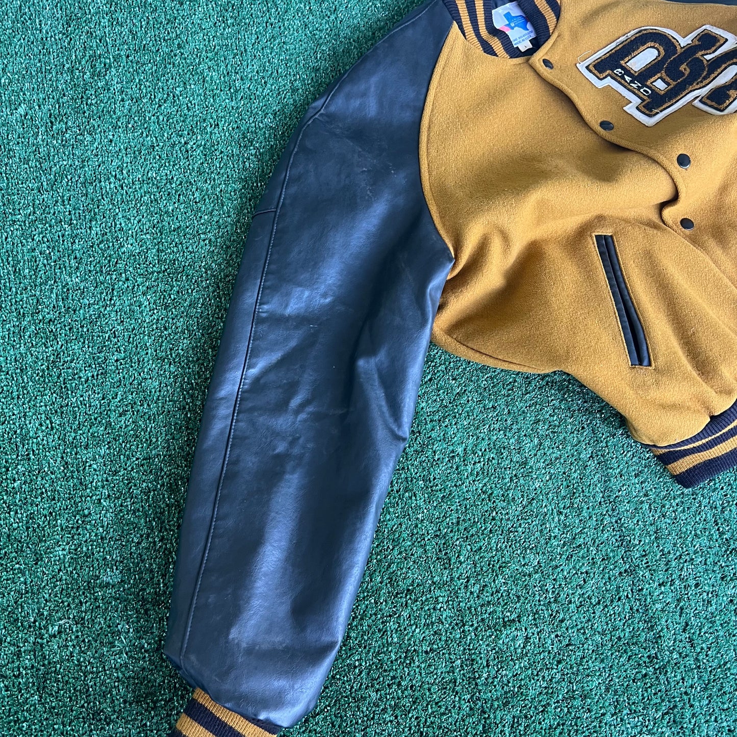 90s Tejas Wool Leather Varsity Jacket Band Patch Mustard Yellow Black - Large
