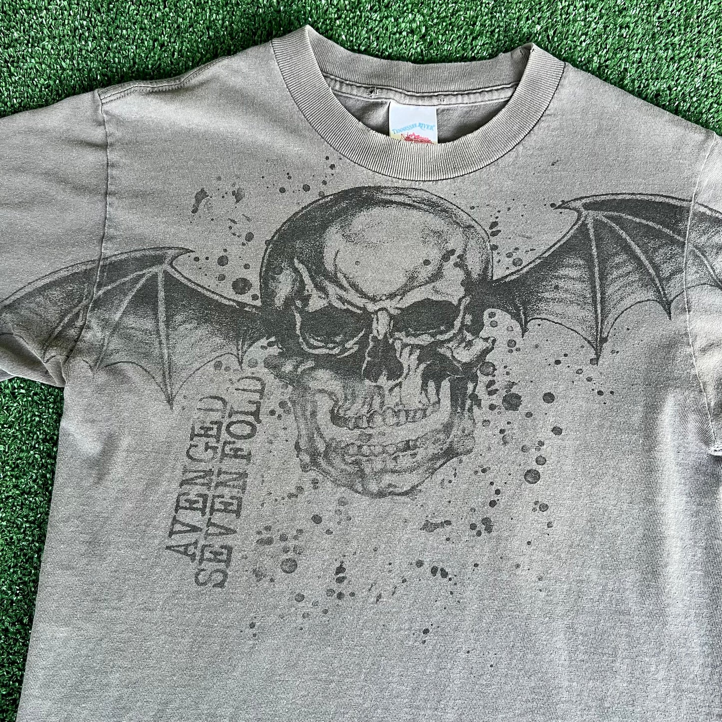 Y2K Avenged Sevenfold Heavy Metal Band Skull Wings AOP Dark Gray Distressed T-Shirt - Small