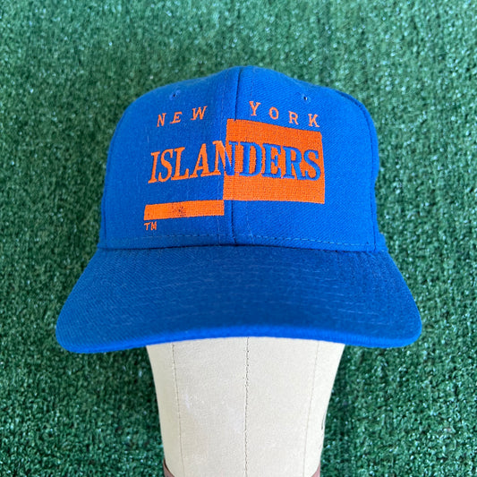 90s AJD NHL New York Islanders Script Spellout Blue Wool Snapback Hat