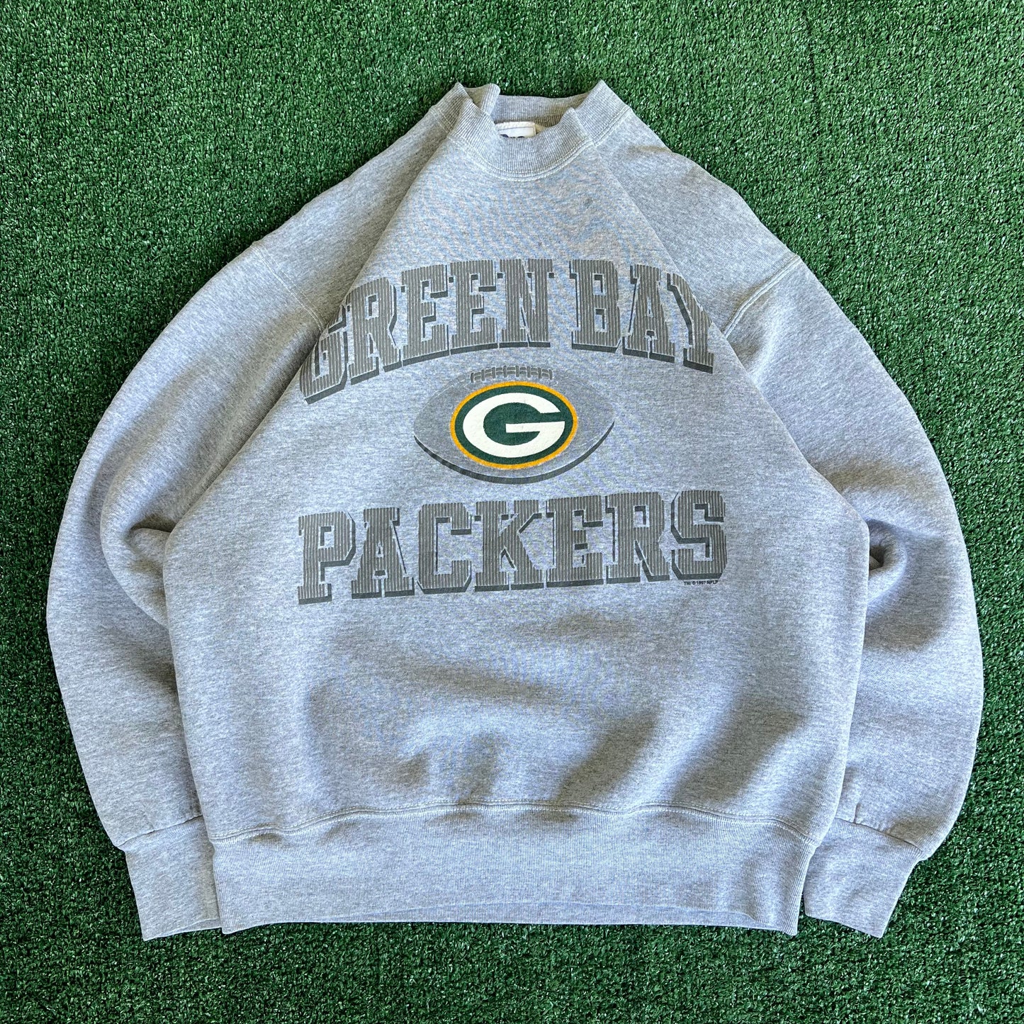 90s Pro Player NFL Green Bay Packers Gray Spellout Sweatshirt - Large