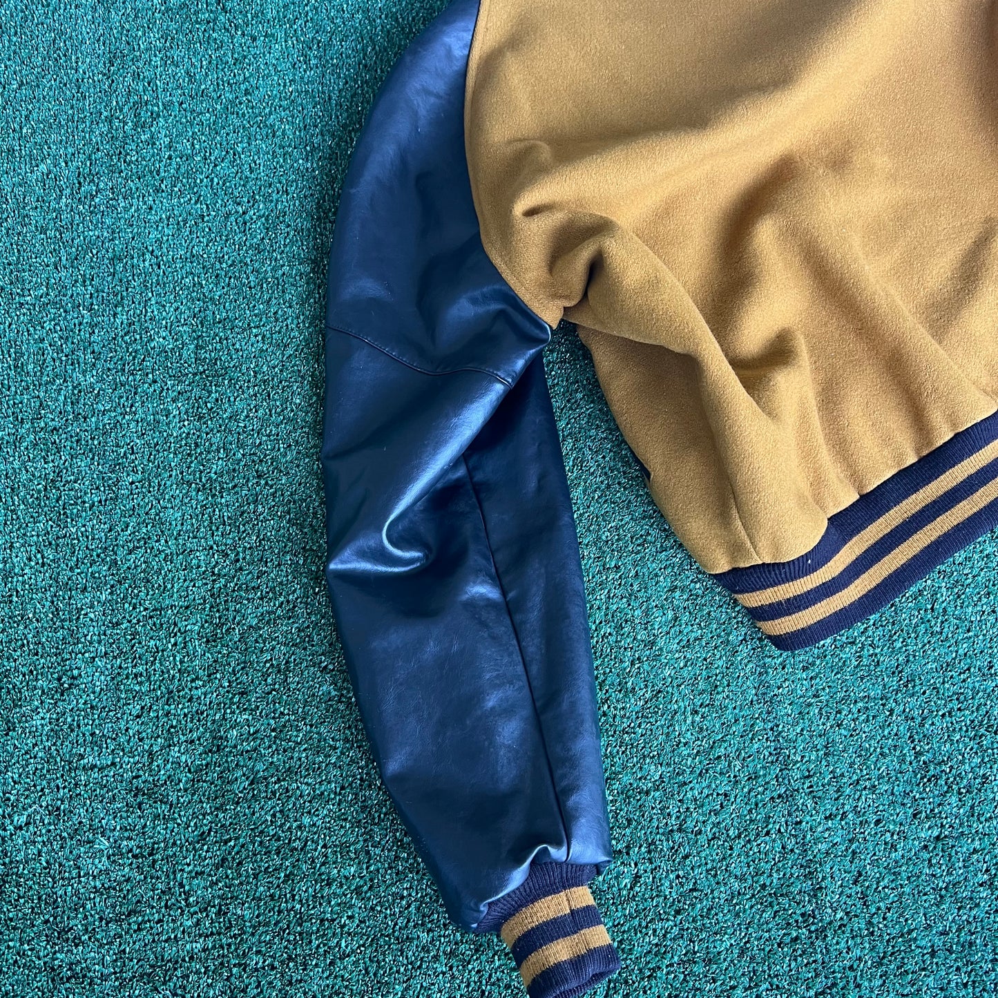 90s Tejas Wool Leather Varsity Jacket Band Patch Mustard Yellow Black - Large
