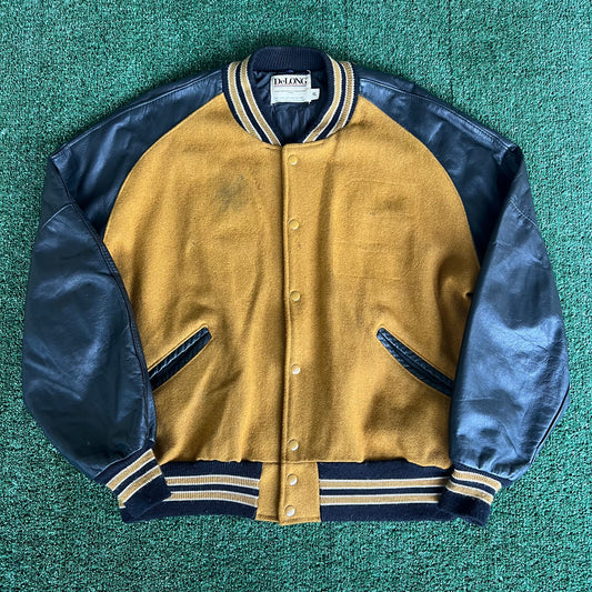 90s Delong Blank Wool Leather Mustard Yellow Black Varsity Jacket - XL