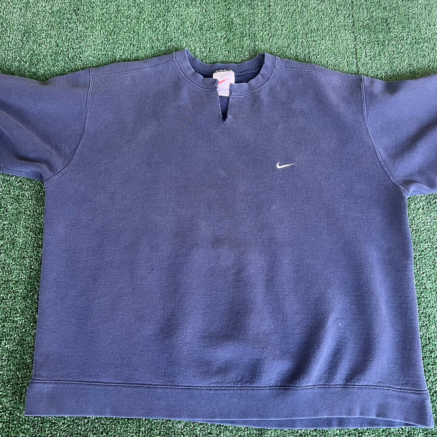90s Nike White Tag Faded Navy Blue Distress Boxy Crewneck Sweatshirt - XL