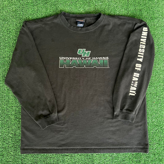Y2K University of Hawaii UH Rainbow Warriors Black Long Sleeve Boxy Shirt - XL