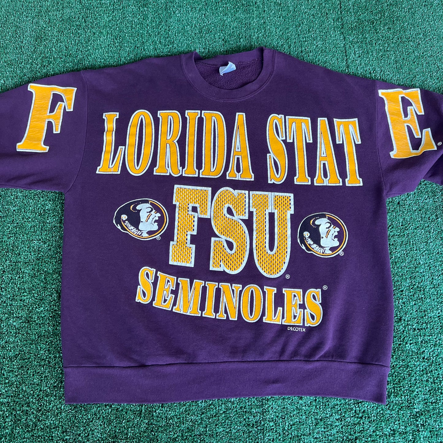 90s Florida State Seminoles FSU AOP Spellout Dark Purple Sweatshirt - Large