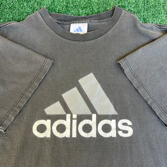 Vintage Y2K Men's Adidas Faded Black Logo Spellout T-Shirt USA - Medium 21x26"