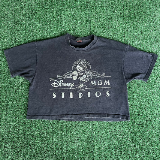 Women's 80s Disney MGM Studios Black Silver Glitter Cropped T-Shirt - XL 23x20"