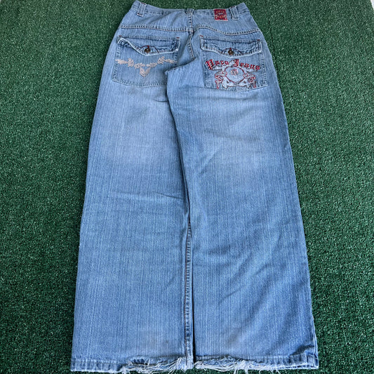 Y2K PACO Jeans Blue Tribal Embroidered Baggy Jeans 30x29.5" 19" Openings