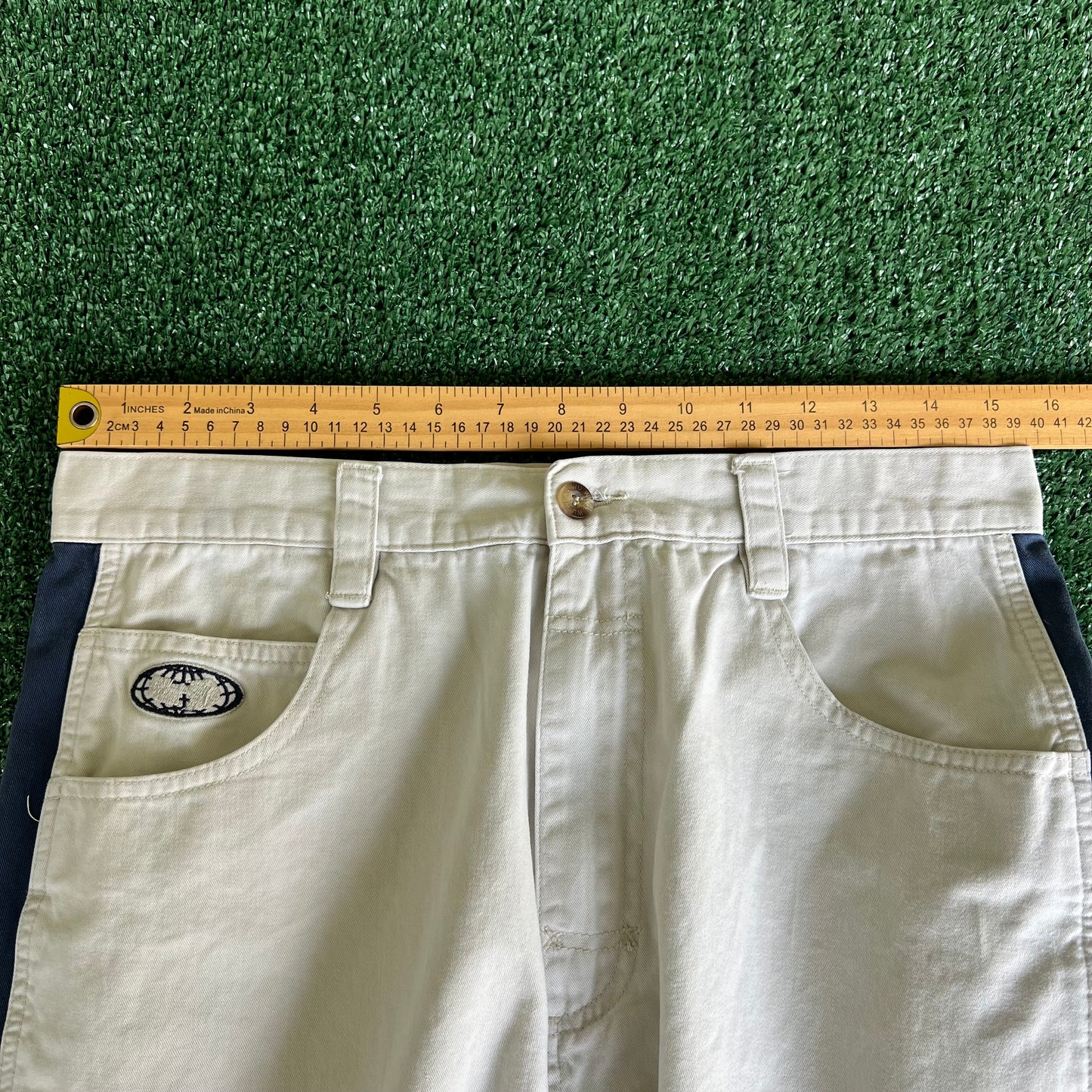 Y2K Wu Wear Distressed Baggy Light Khaki Faded Navy Striped Pants - 31x30.5" 20" Openings