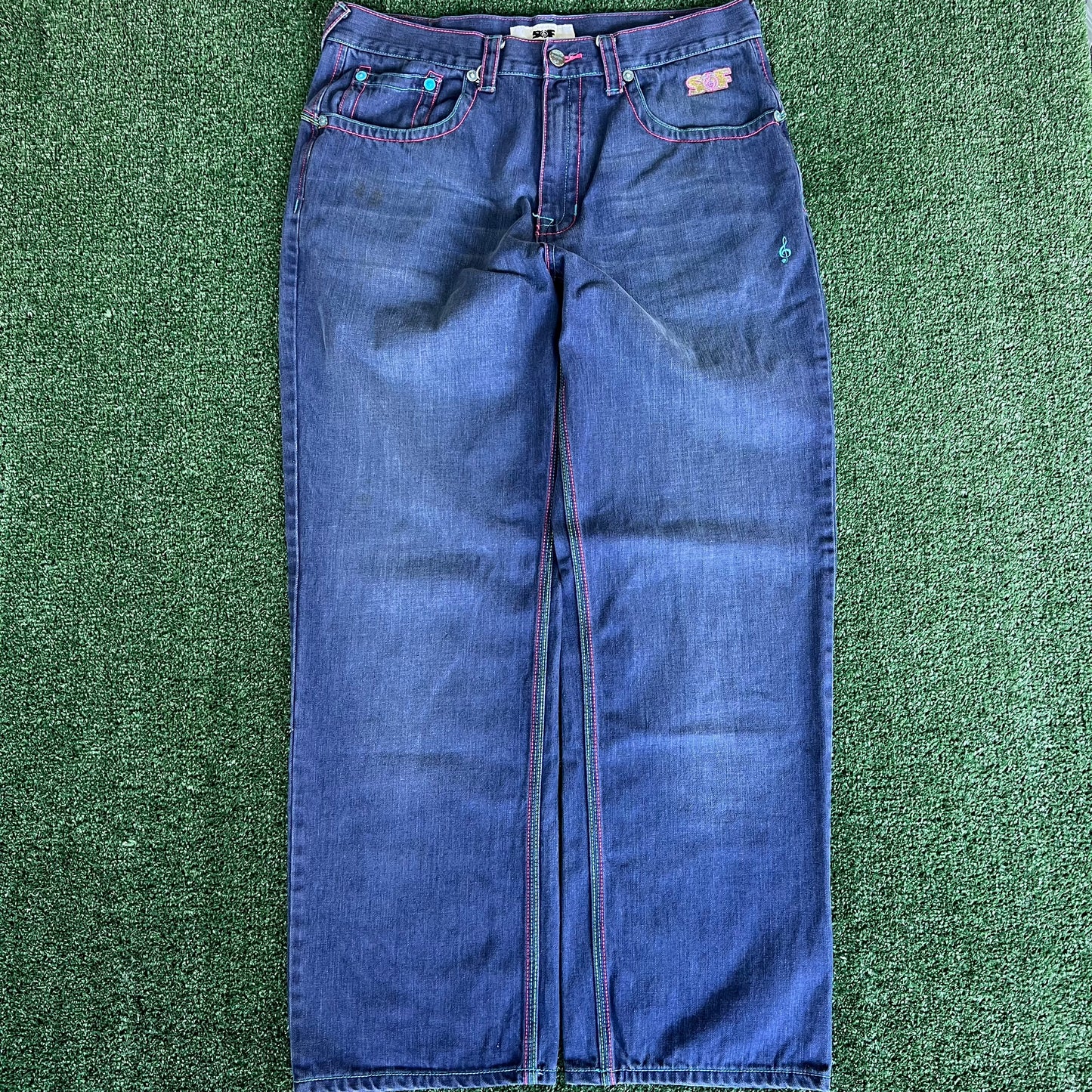 Y2K Songs Of Freedom Dark Blue Baggy Embroidered Jeans - 37x32" 20" Opening