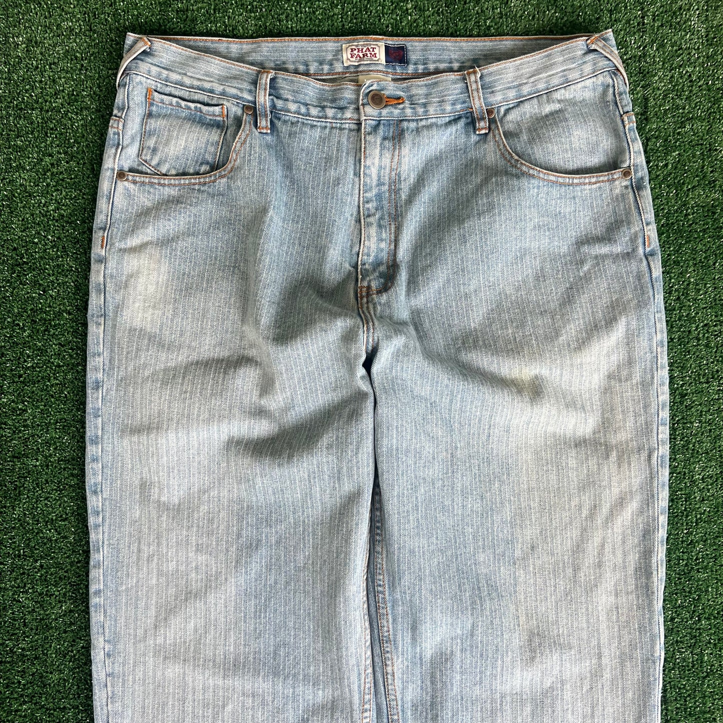 Y2K Phat Farm Light Vertical Striped Baggy Wide-Leg Jeans - 41x31" 20.5" Opens
