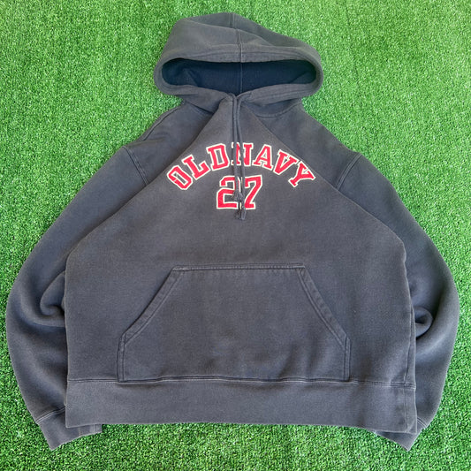 Vintage Y2K Men's Old Navy Faded Navy Blue Spellout Logo Arc Boxy Hoodie Medium