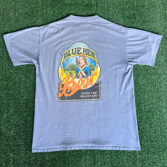 90s Blue Hen Beer Delaware Single Stitch Blue Distressed T-Shirt - XL