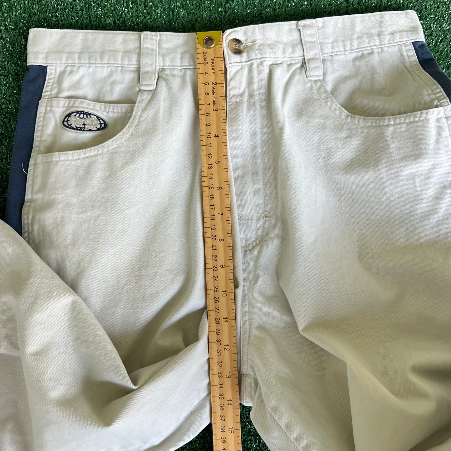Y2K Wu Wear Distressed Baggy Light Khaki Faded Navy Striped Pants - 31x30.5" 20" Openings