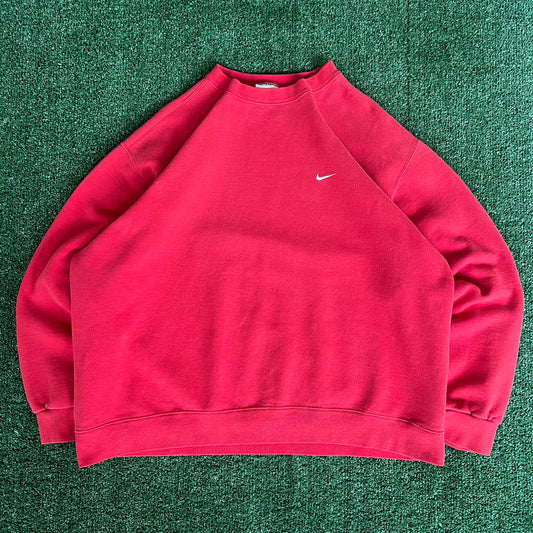 Y2K Nike Red White Essential Side Swoosh Heavyweight Crewneck Sweatshirt - XL