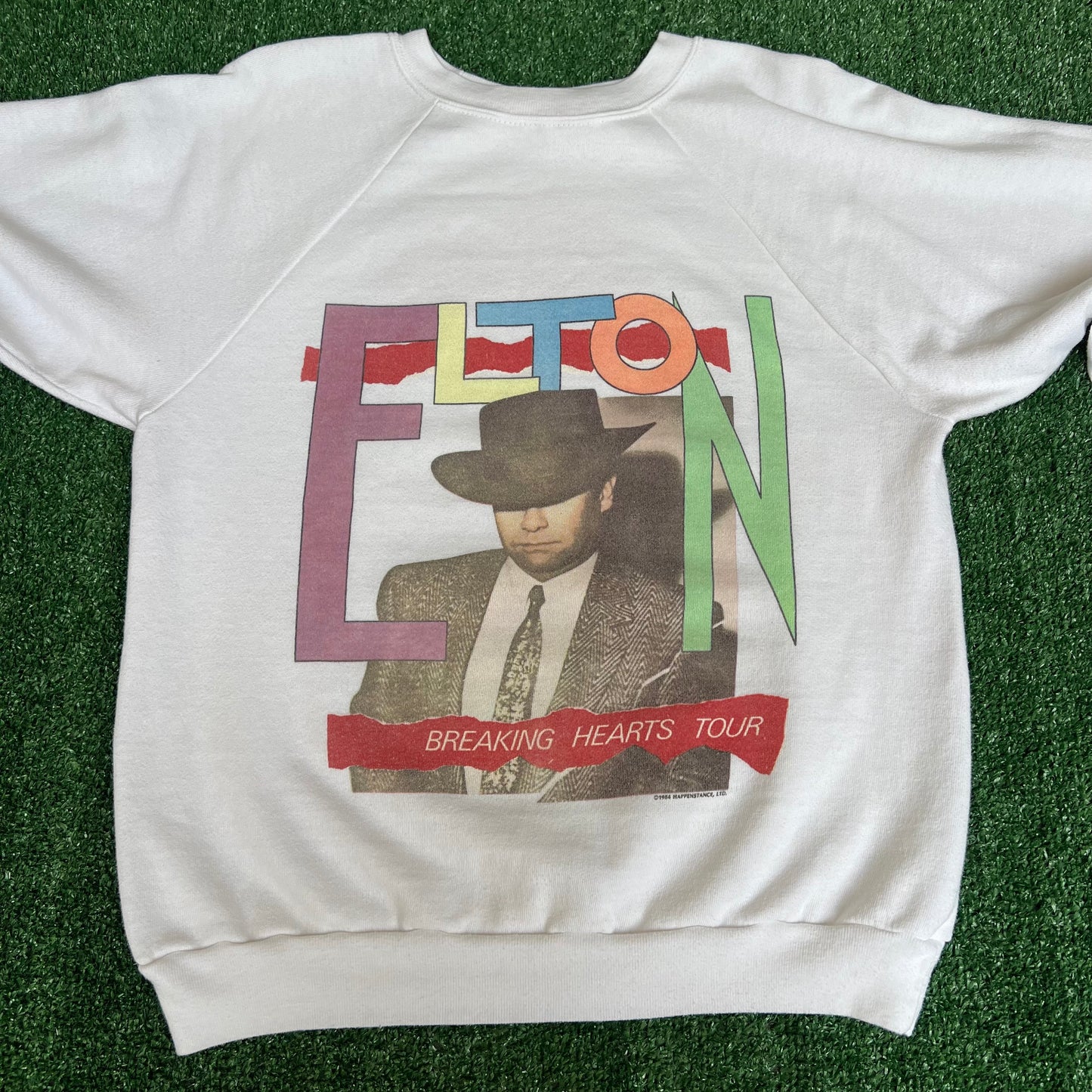 Vintage 1984 Men's Elton John Tour White Raglan Cut Crewneck Sweatshirt Small 20x24"