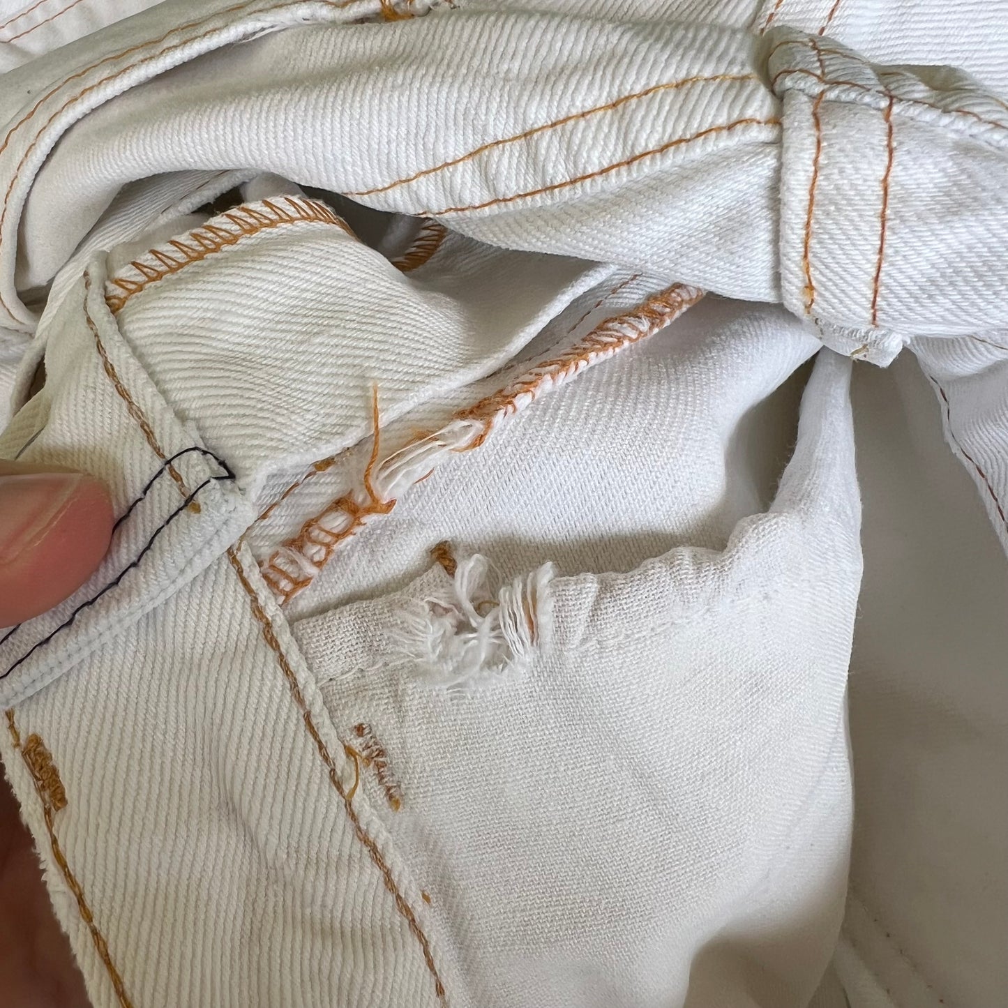 VTG 70s Levi's 684 Big Bell Bottoms Orange Tab Talon Distress White Jeans 32x31"