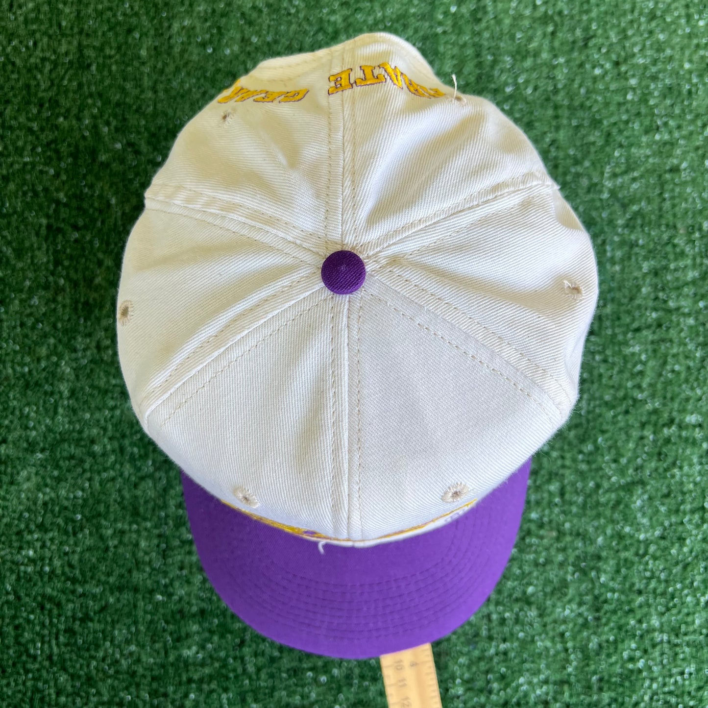 90s East Carolina University Pirates Script White Purple Snapback Hat