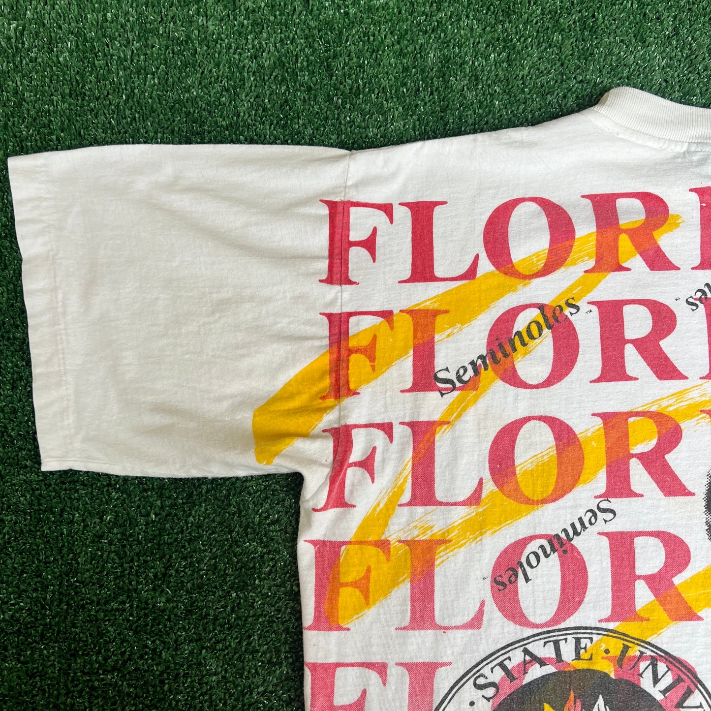 Vintage 90s Men's Florida State Seminoles FSU White AOP T-Shirt XL 26.25x28.75"