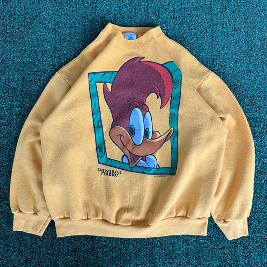90s Universal Studios Woody Woodpecker Cartoon Face Yellow Sweatshirt - Large