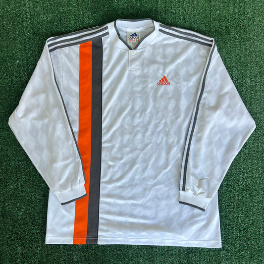 90s Adidas White Orange Gray Stripe Goalkeeper Soccer Jersey - XL