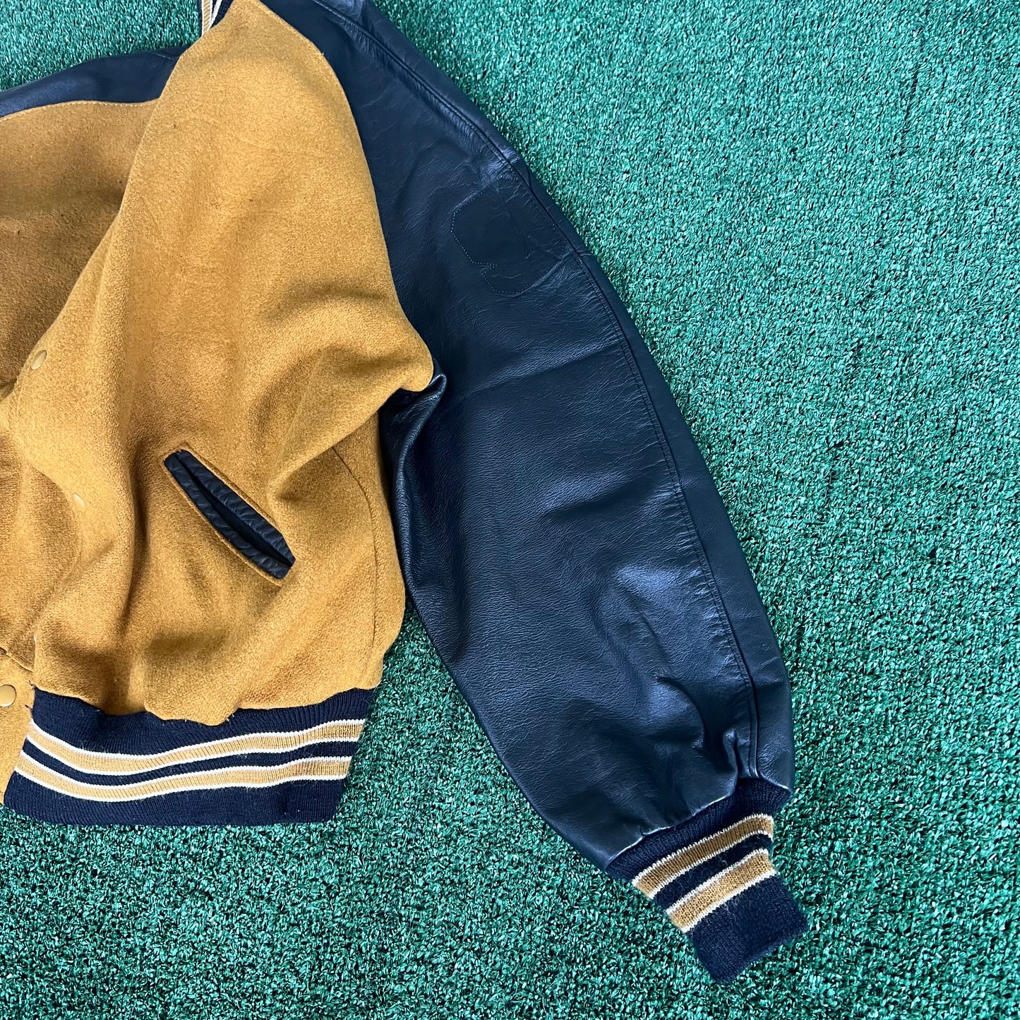 90s Delong Blank Wool Leather Mustard Yellow Black Varsity Jacket - XL