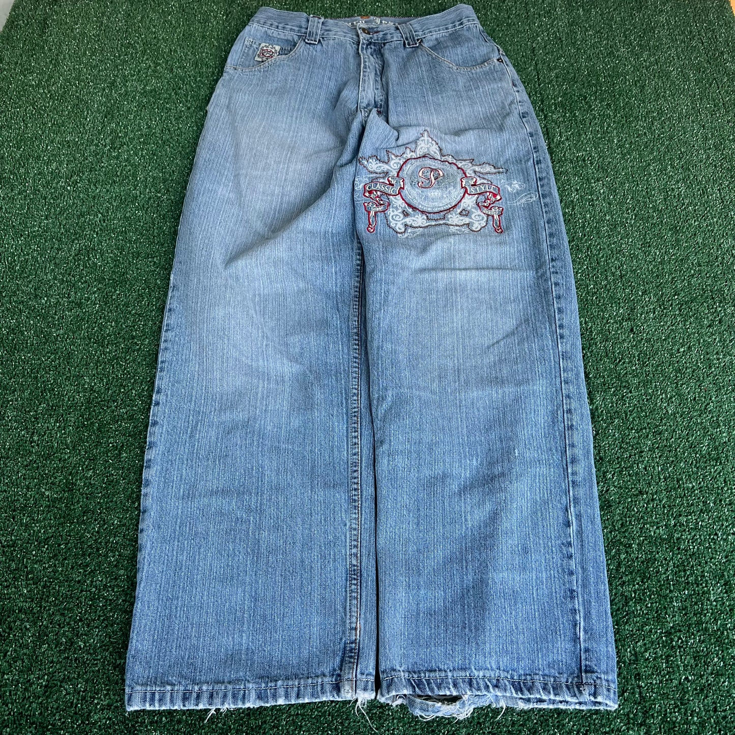 Y2K PACO Jeans Blue Tribal Embroidered Baggy Jeans 30x29.5" 19" Openings