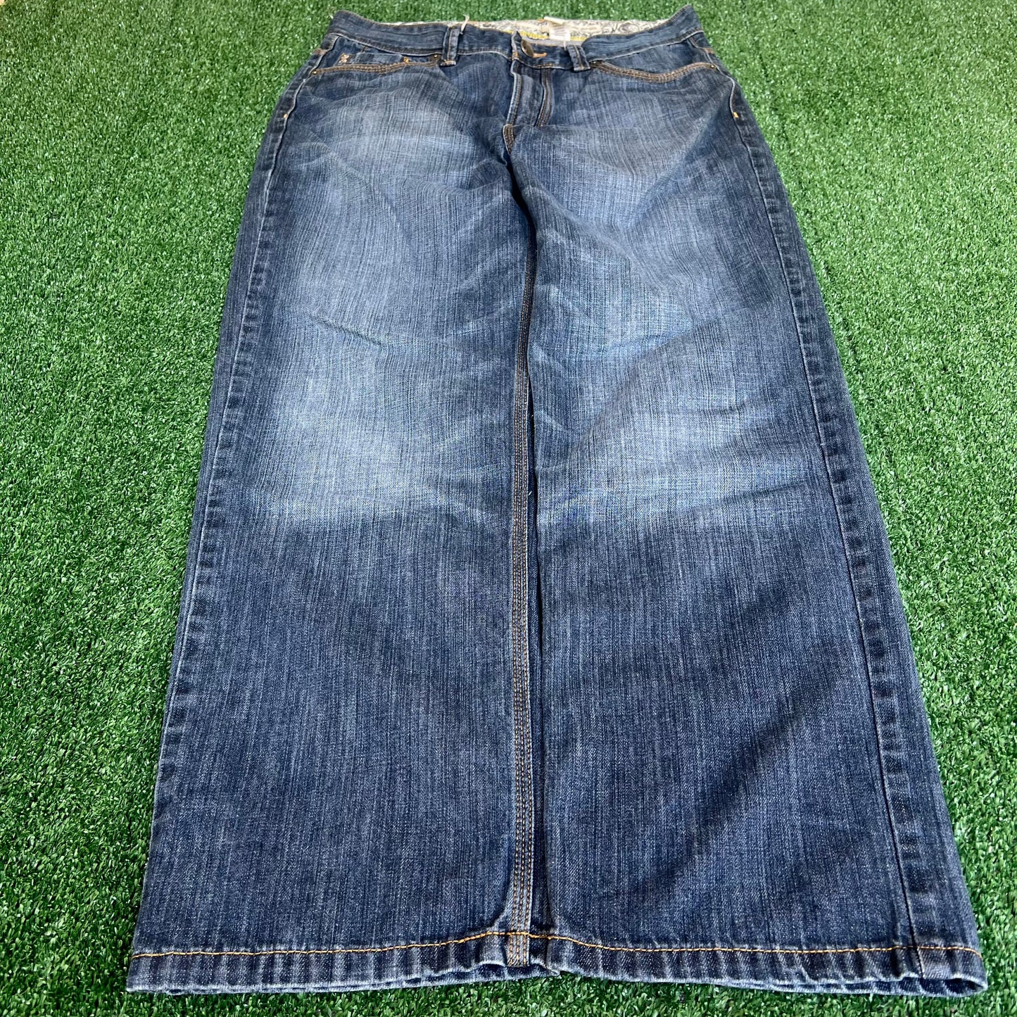 Vintage Y2K Men's DKNY SOHO Relaxed Straight Tribal Embroider Blue Jeans 34x29"
