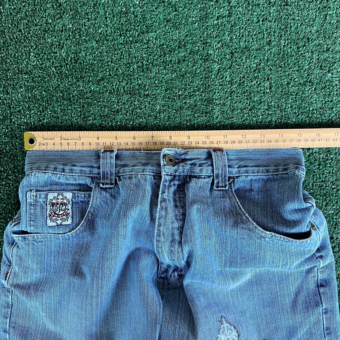 Y2K PACO Jeans Blue Tribal Embroidered Baggy Jeans 30x29.5" 19" Openings