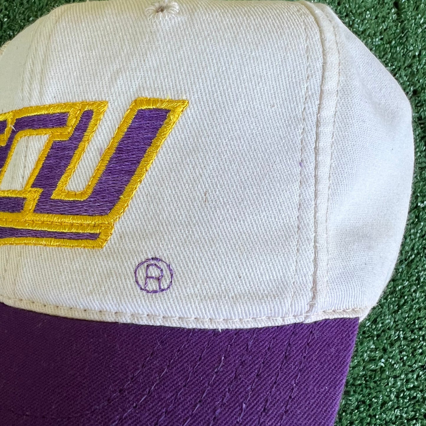 90s East Carolina University Pirates Script White Purple Snapback Hat