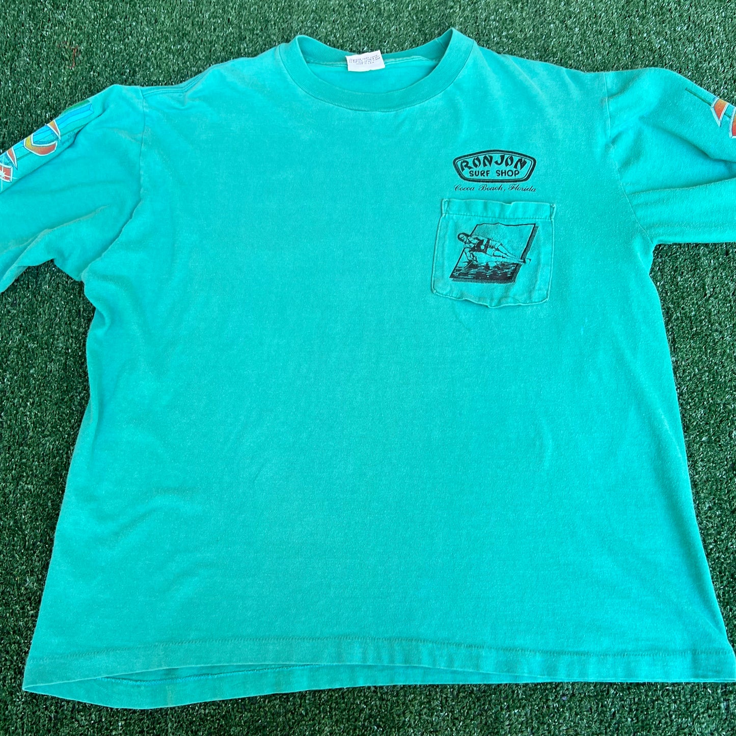 VTG 80s Men's Ron Jon Surf Shop Teal Green Long Sleeve Pocket T-Shirt XL 23x25.5