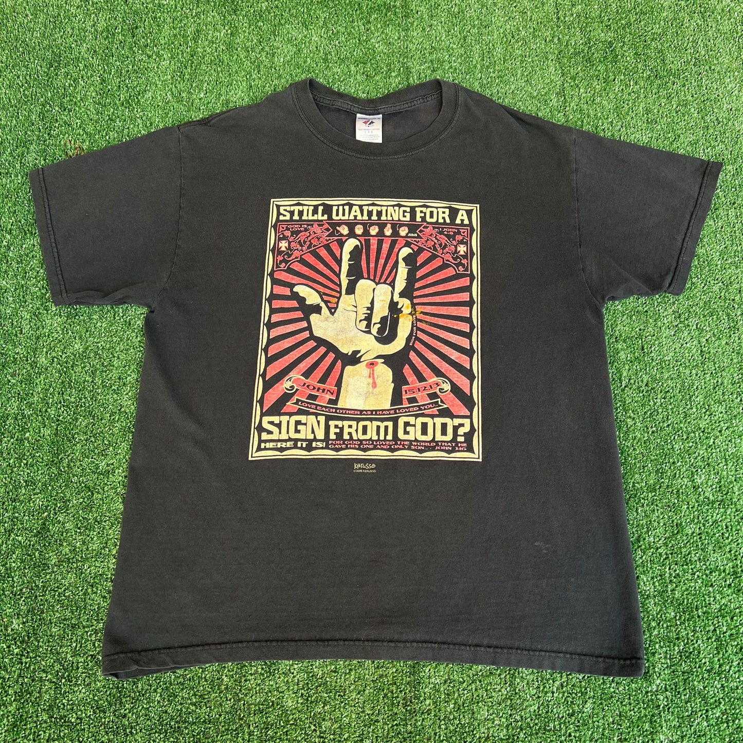 VTG Y2K Men's "Still Waiting for Sign" Jesus Marilyn Manson Black T-Shirt - Large