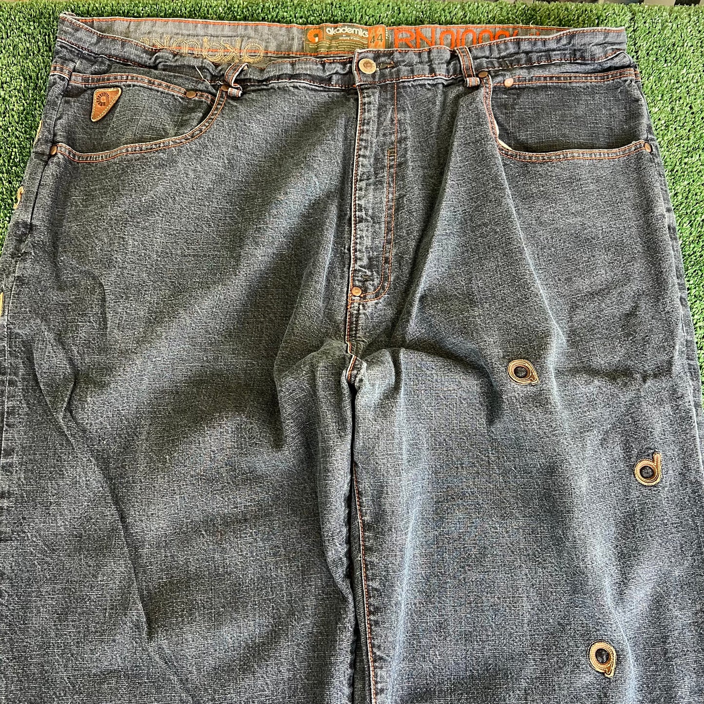 Y2K Akademiks Wide-Leg Alphabet Soup Blue Jeans 44x32" 20" Openings JNCO