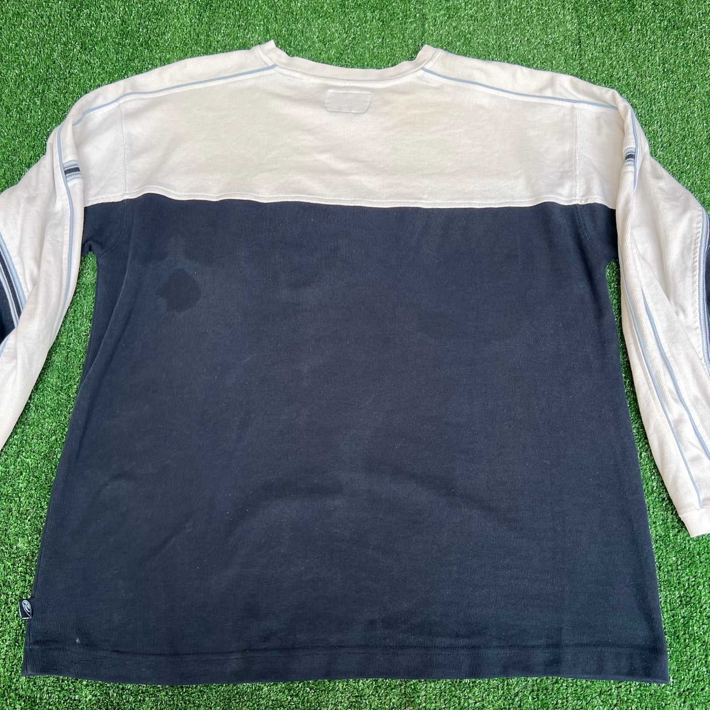 Vintage Y2K Men's Point Zero Navy Blue Striped White Ribbed Long Sleeve T-Shirt - XL