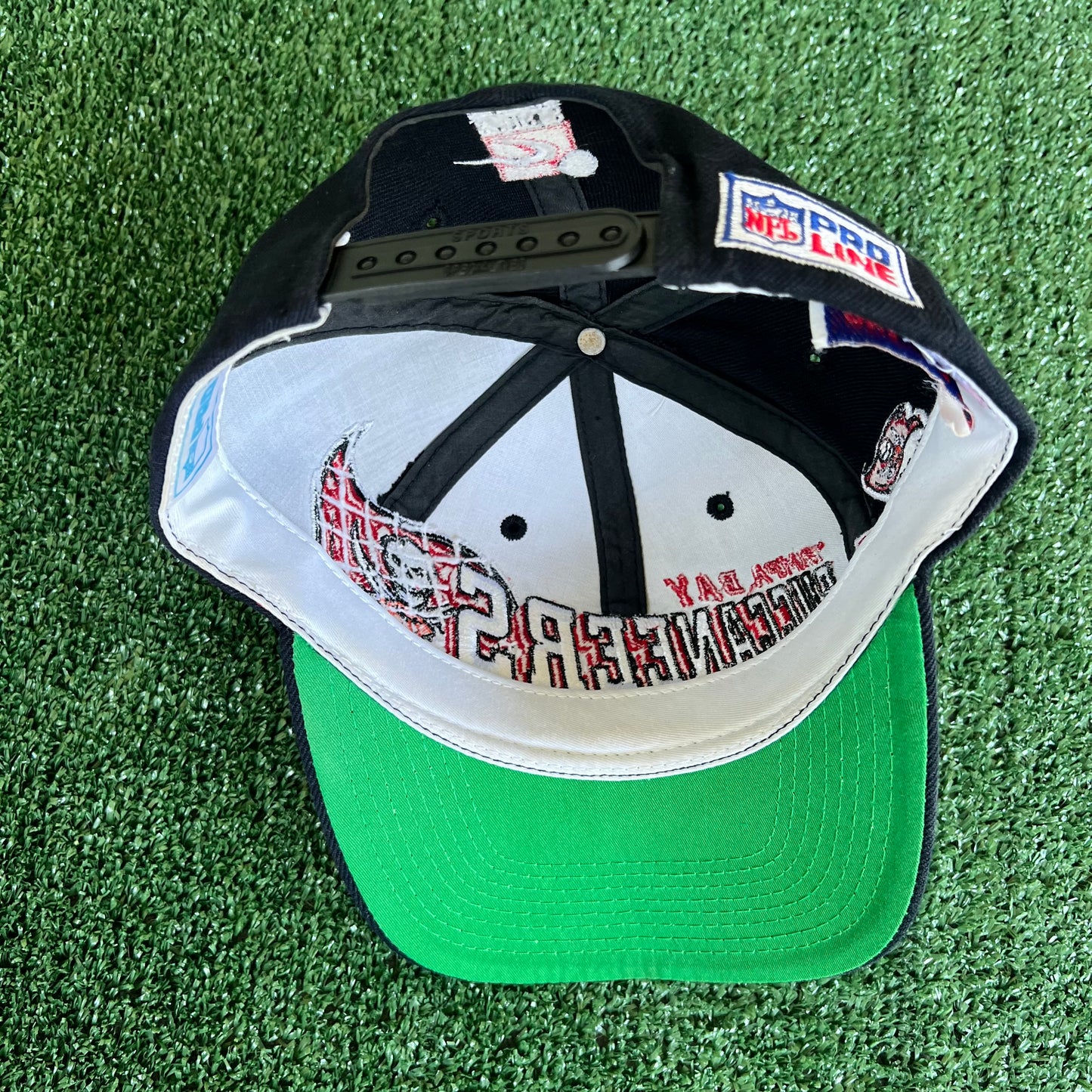90s Sports Specialties NFL Tampa Bay Buccaneers Laser Grid Script Black Snapback Hat