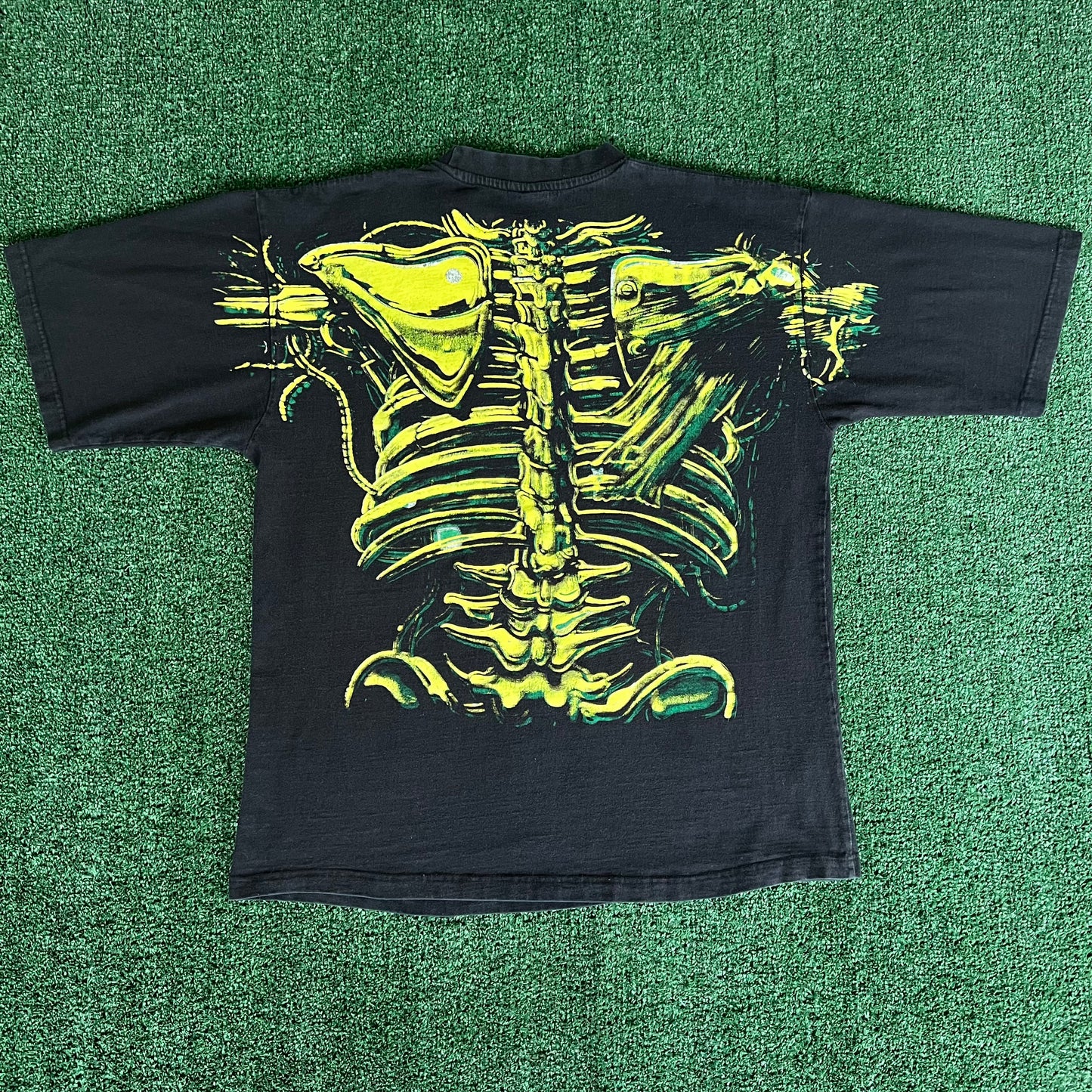 Y2K Liquid Blue Terminator Skull Black Neon Green Glow In The Dark AOP Faded Black T-Shirt - XL